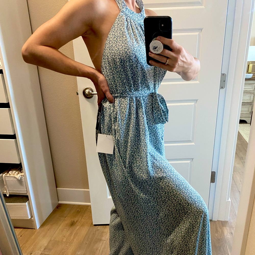 Dusty Blue Floral Print Halter Jumpsuit